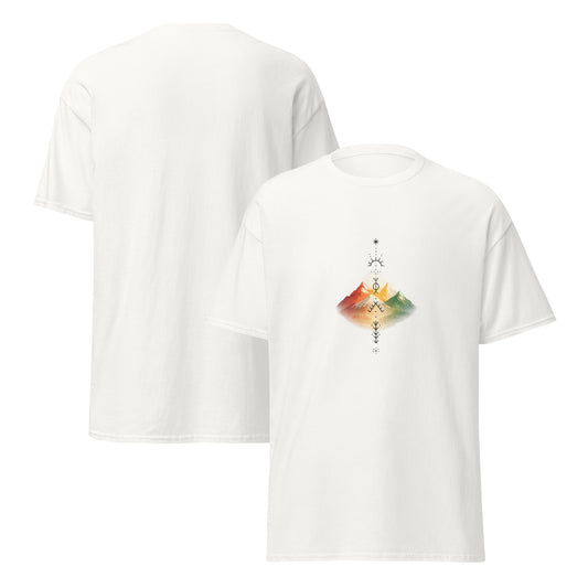 Beige t-shirt with minimalist Kurdish mountain landscape, sun and kurdish symbols, inspired graphic design