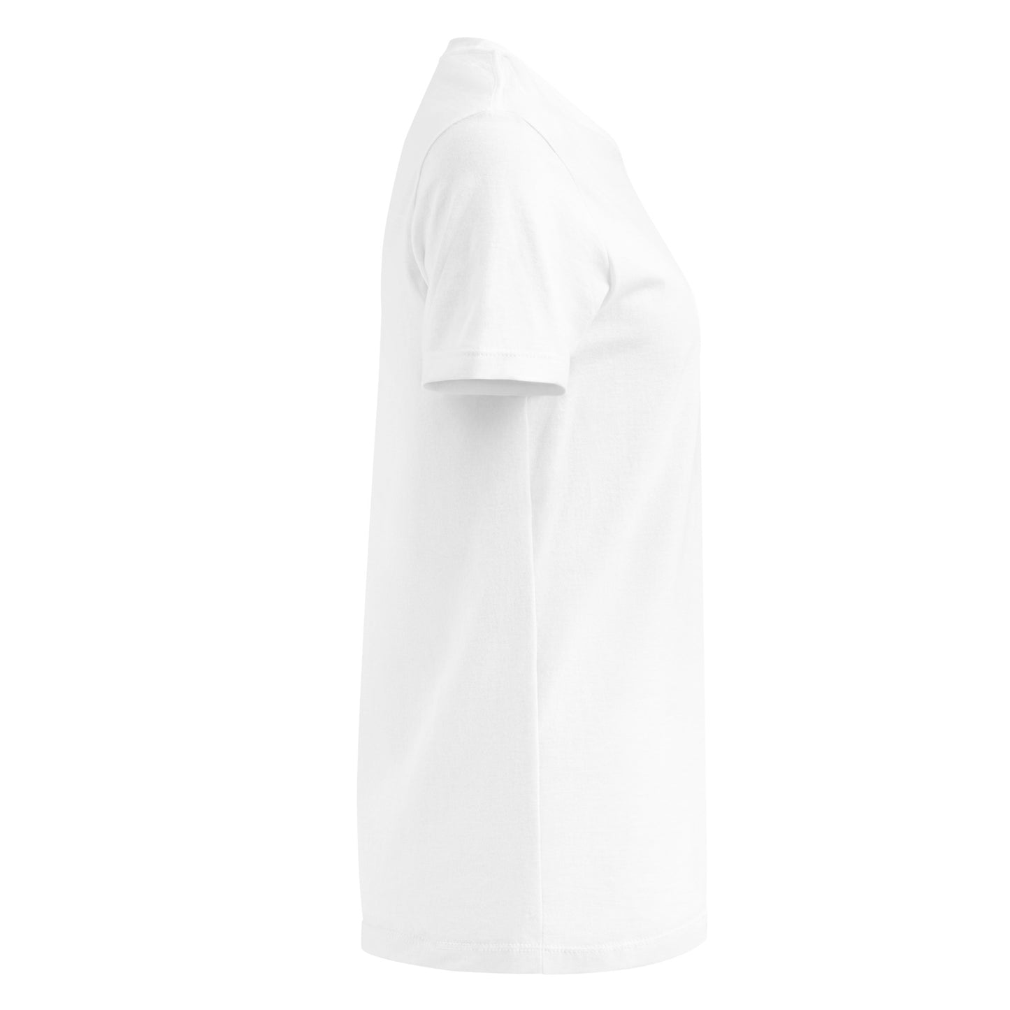 White t-shirt with small chest print of a woman in traditional Kurdish dress making a peace sign and the text “Jin, jiyan, azadî”