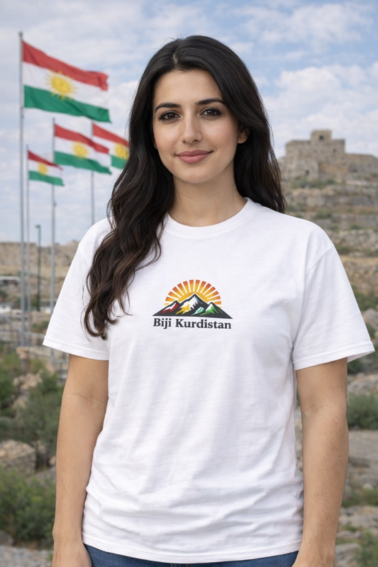 White t-shirt with mountains and rising sun graphic featuring the text “Bijî Kurdistan”