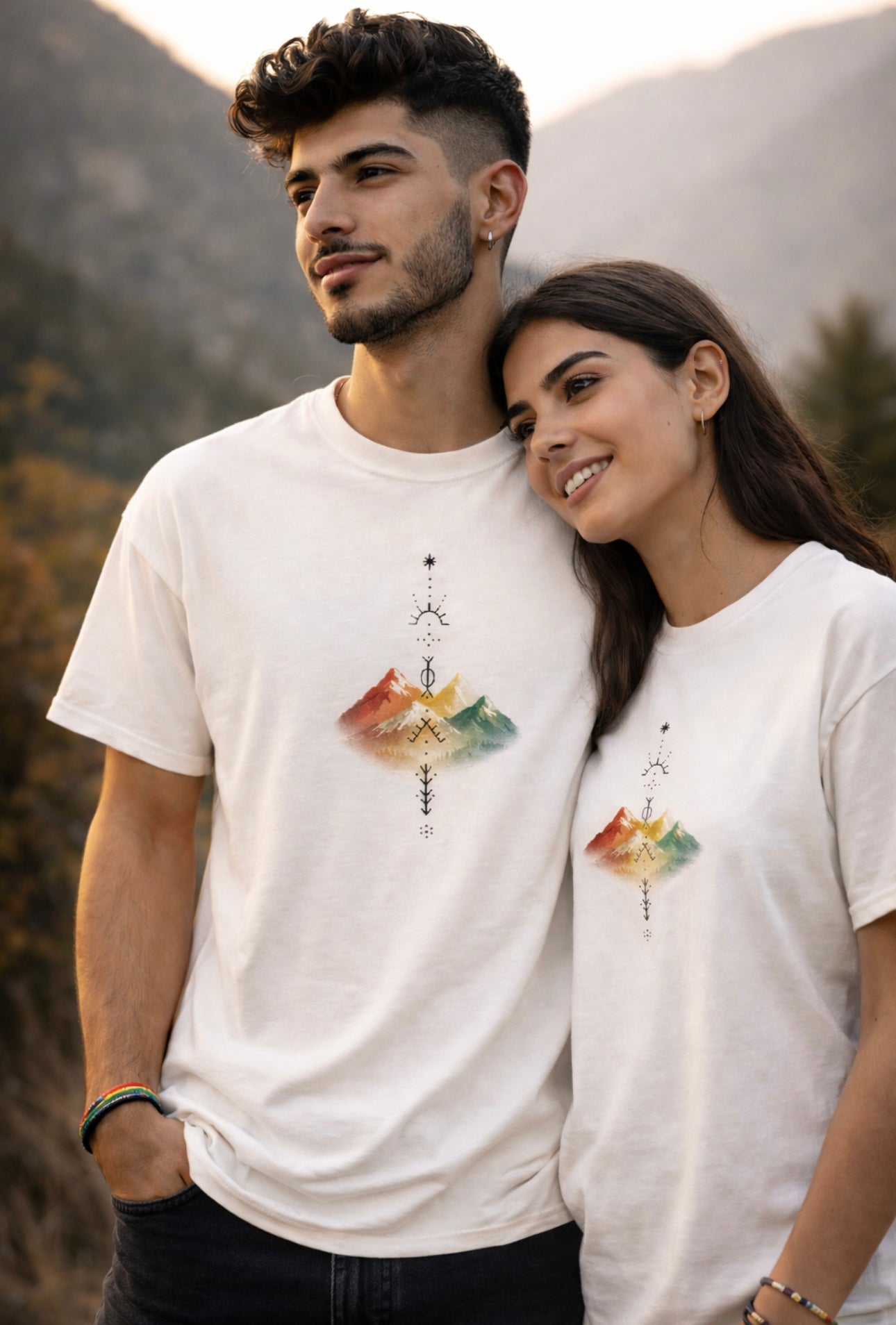 Beige t-shirt with minimalist Kurdish mountain landscape, sun and  kurdish symbols, inspired graphic design