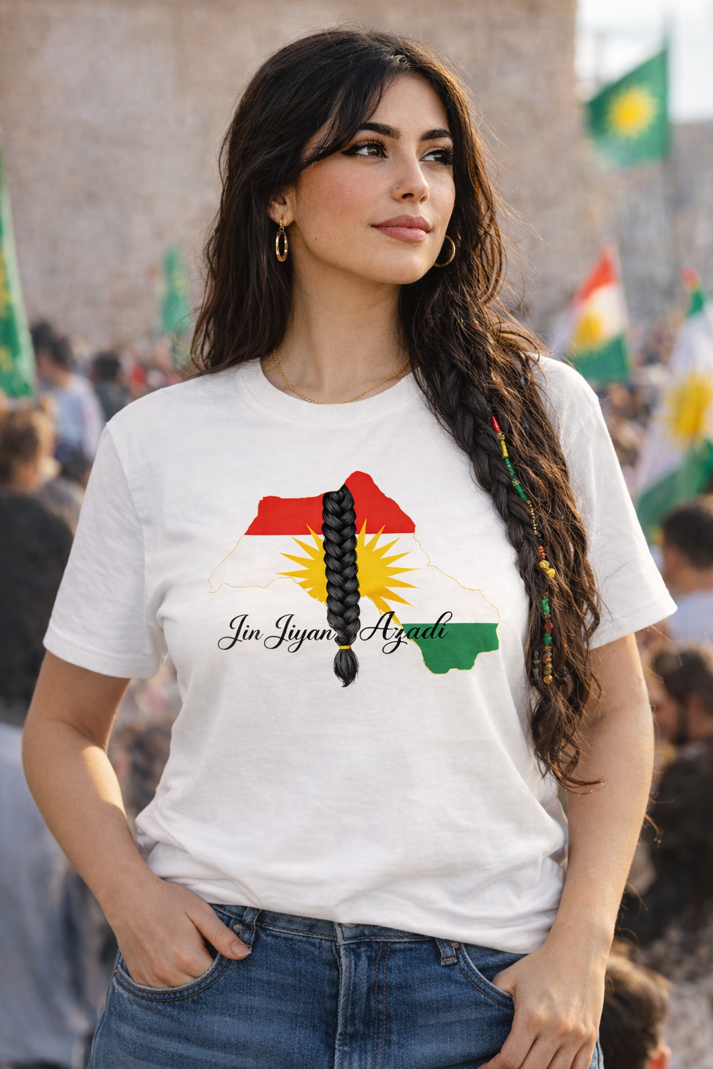 Jin Jiyan Azadi T-shirt design with Kurdish colors, central braid symbol and elegant calligraphy text on white background