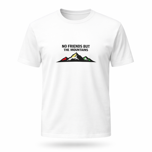 Kurdish 'No Friends But The Mountains' unisex cotton t-shirt – front view