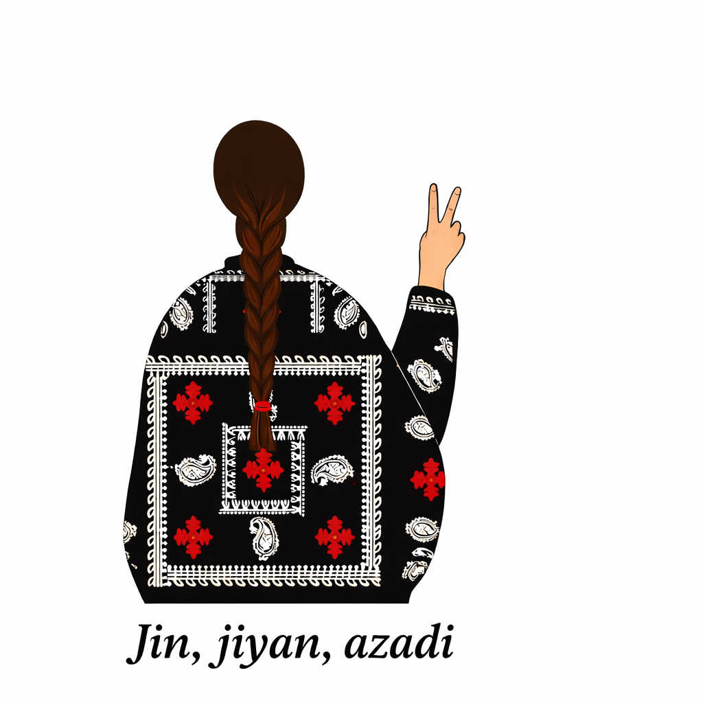 White t-shirt with small chest print of a woman in traditional Kurdish dress making a peace sign and the text “Jin, jiyan, azadî”