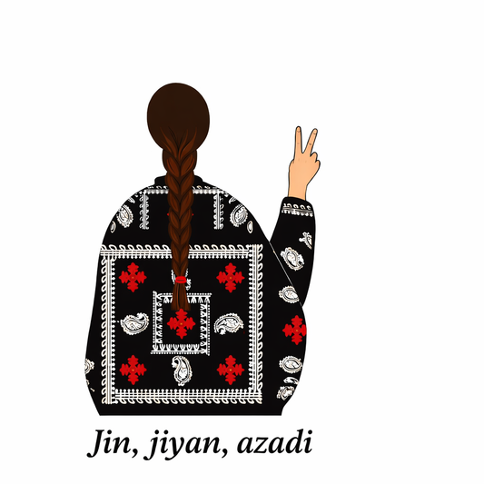 White t-shirt with small chest print of a woman in traditional Kurdish dress making a peace sign and the text “Jin, jiyan, azadî”