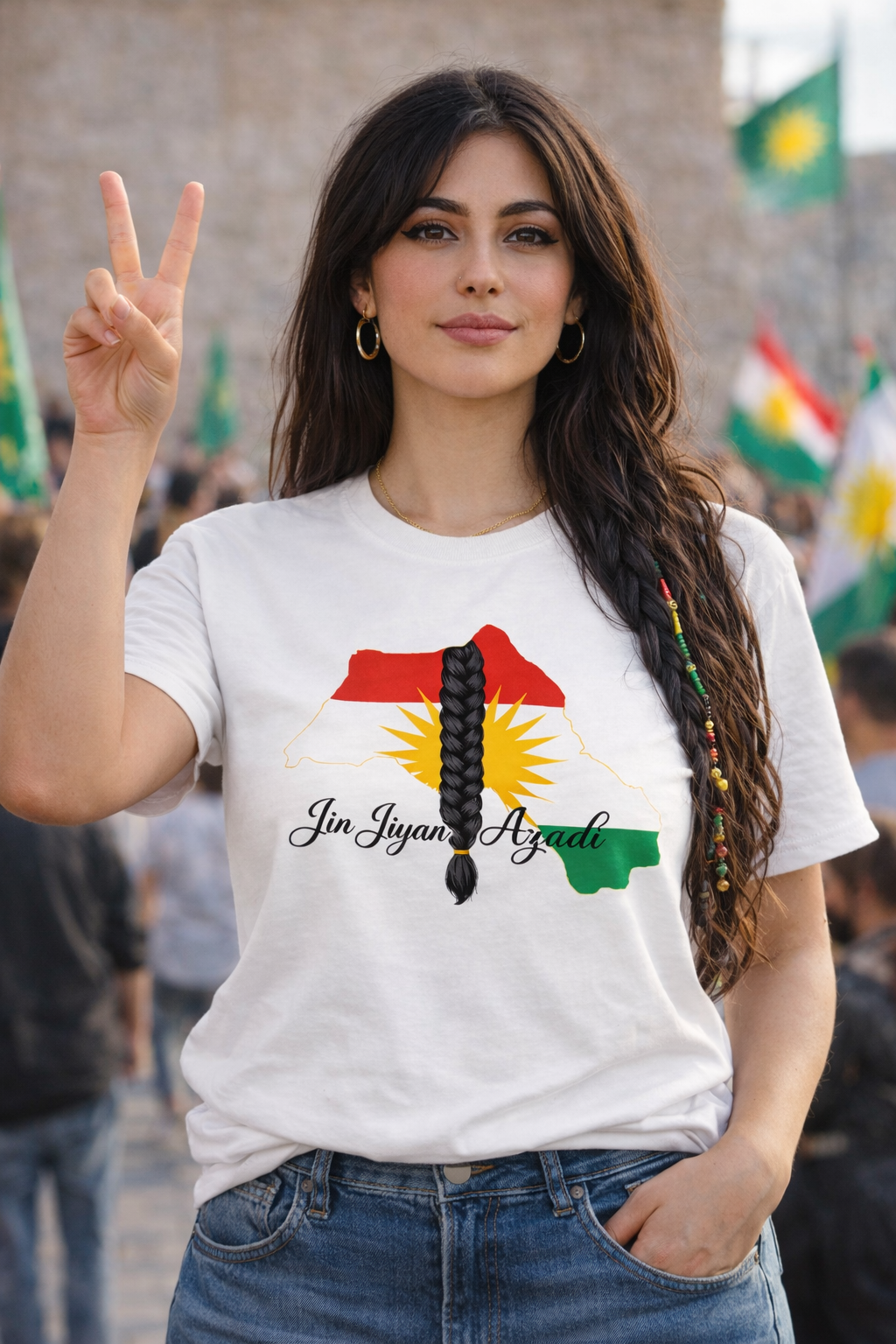 Jin Jiyan Azadi T-shirt design with Kurdish colors, central braid symbol and elegant calligraphy text on white background