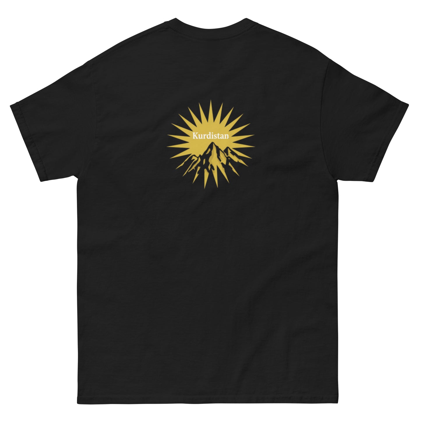 Kurdistan sunburst and mountain graphic on black t-shirt with gold design