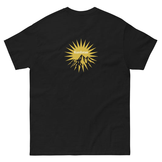 Kurdistan sunburst and mountain graphic on black t-shirt with gold design