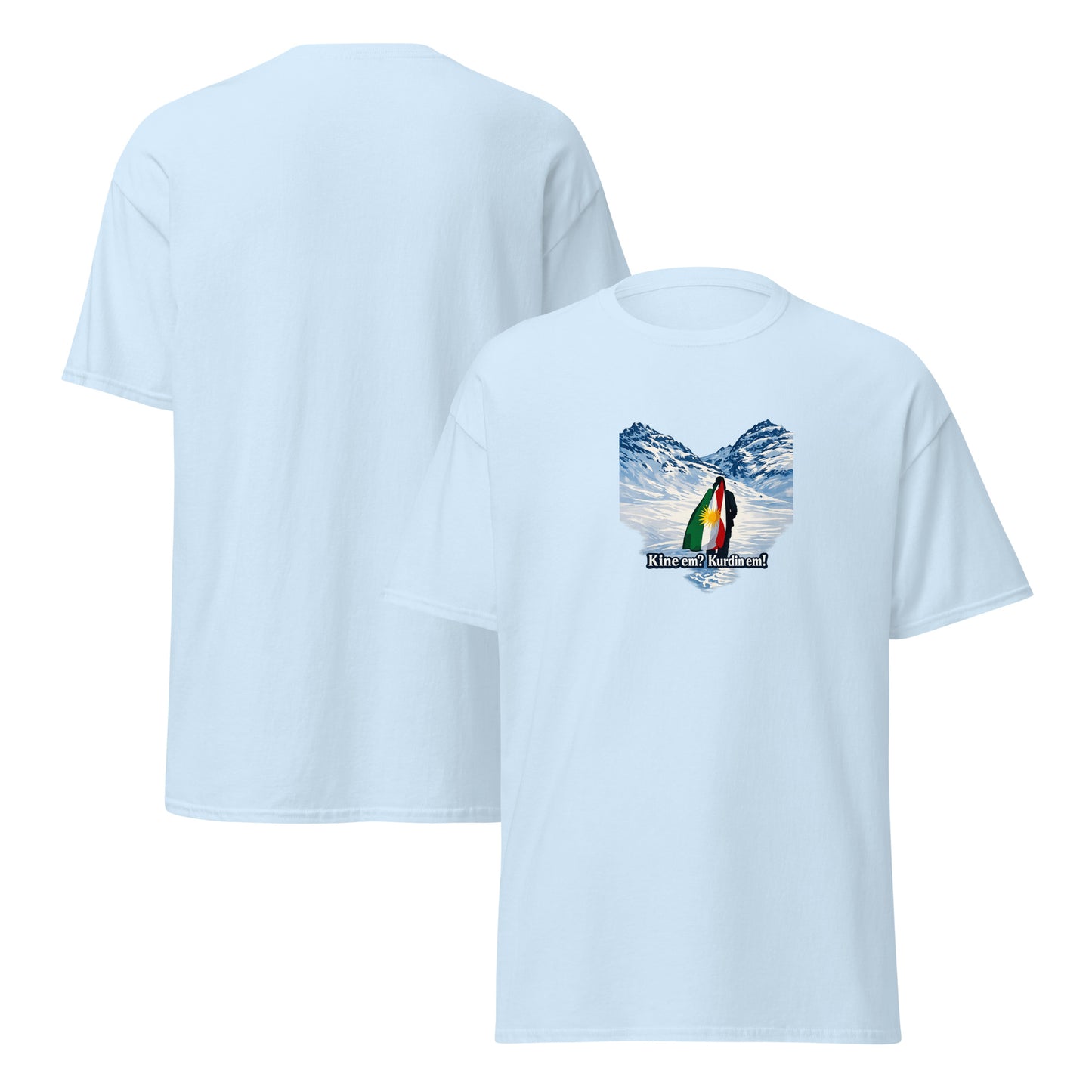White t-shirt with snowy mountain landscape and Kurdish flag featuring the text “Kînem? Kurdim!”