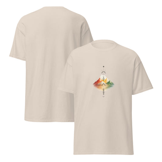 Beige t-shirt with minimalist Kurdish mountain landscape, sun and  kurdish symbols, inspired graphic design