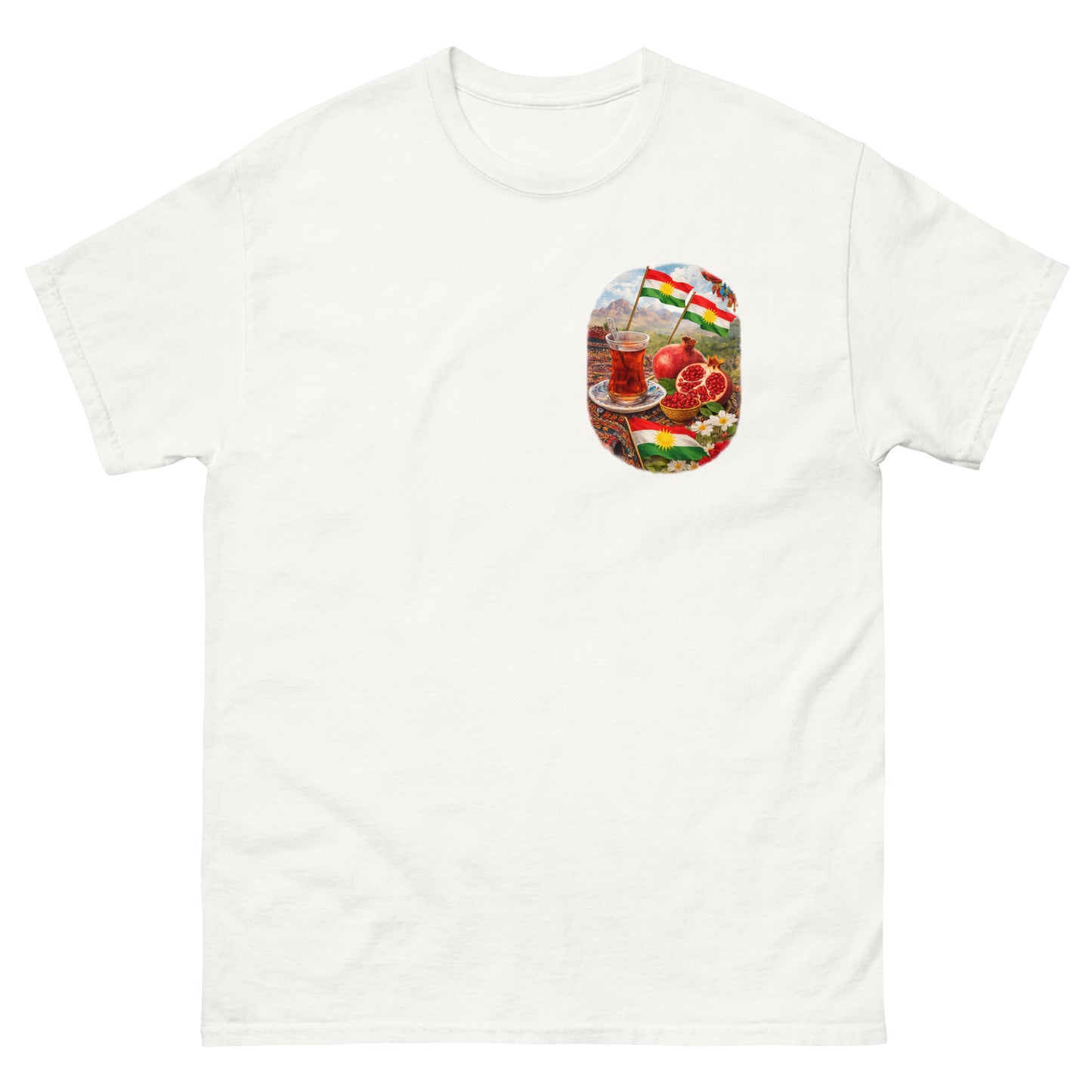 White t-shirt featuring Kurdish flags, tea glass, pomegranate, and mountain landscape illustration