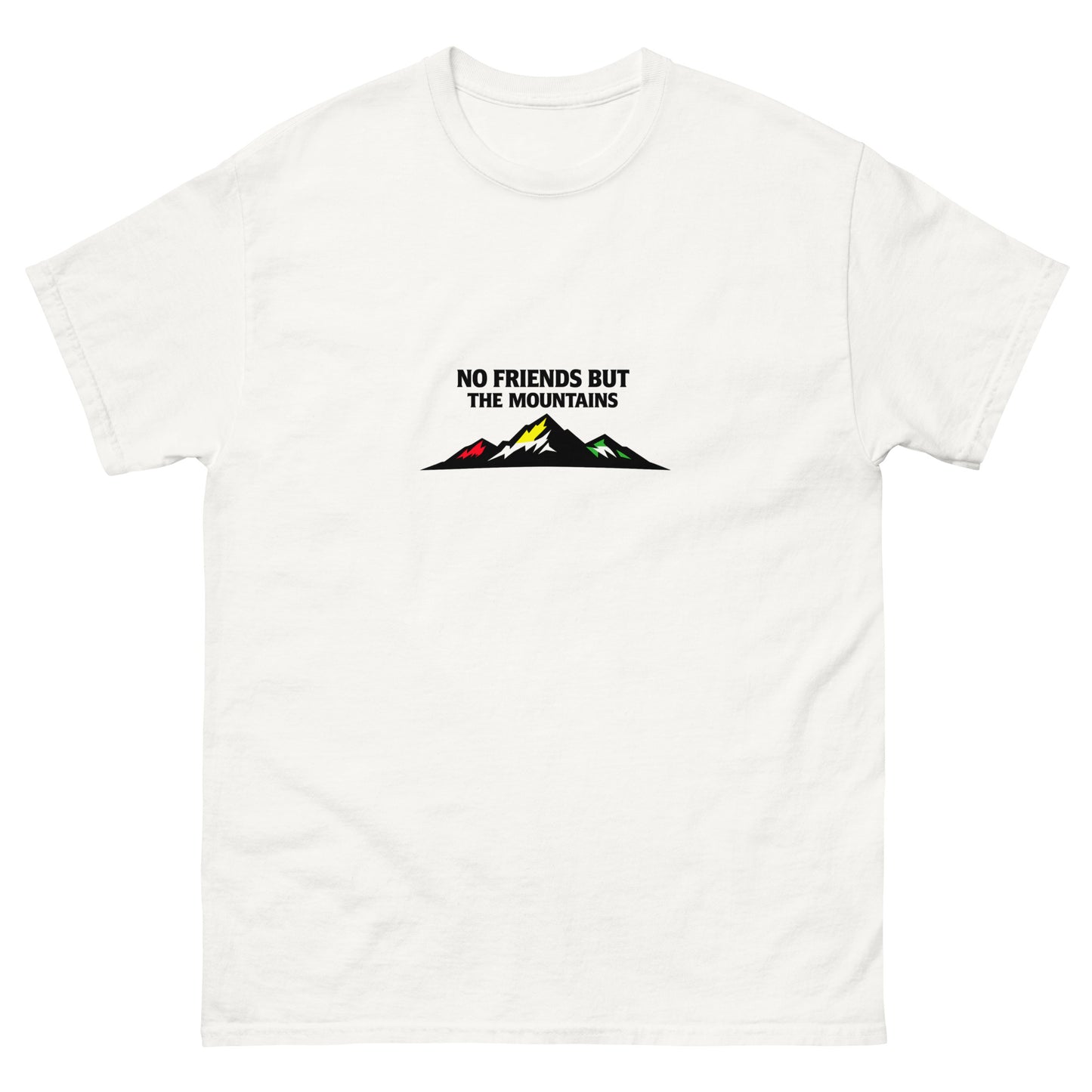 White t-shirt with mountain graphic in Kurdish colors and the text “No friends but the mountains”