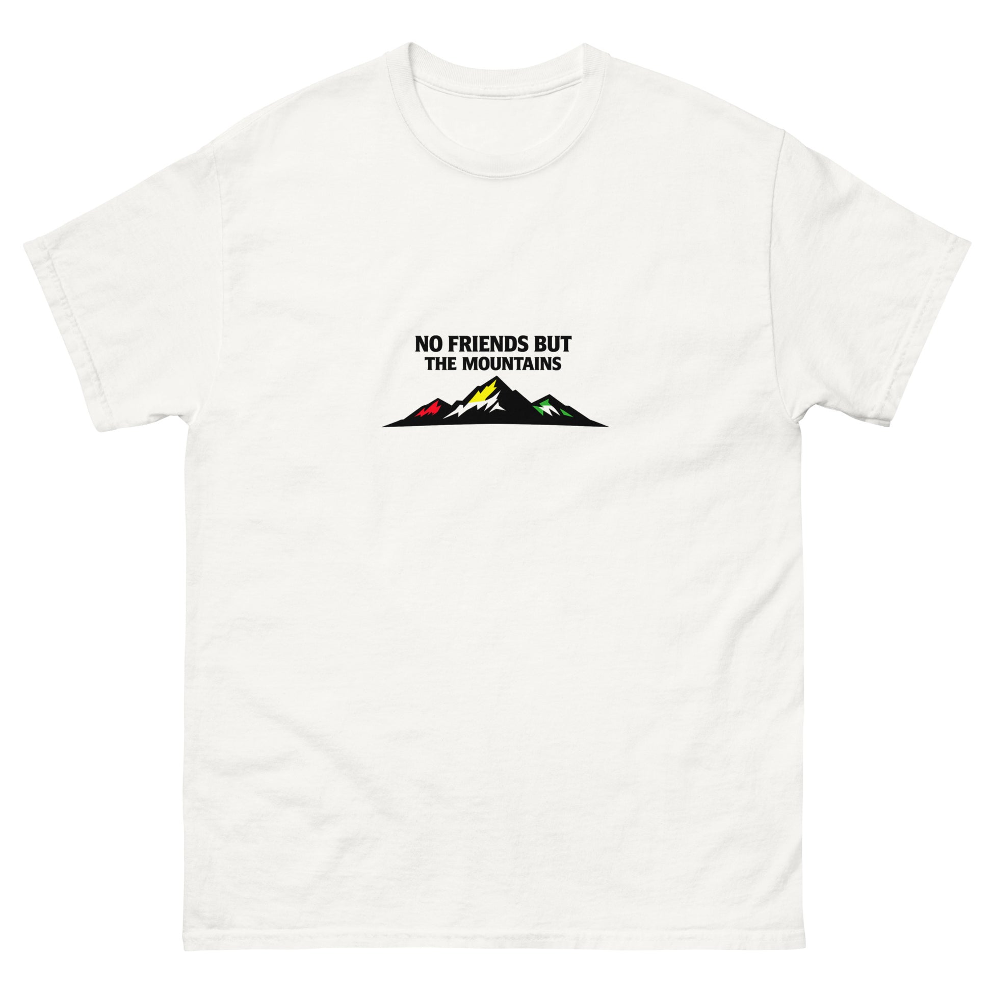 White t-shirt with mountain graphic in Kurdish colors and the text “No friends but the mountains”
