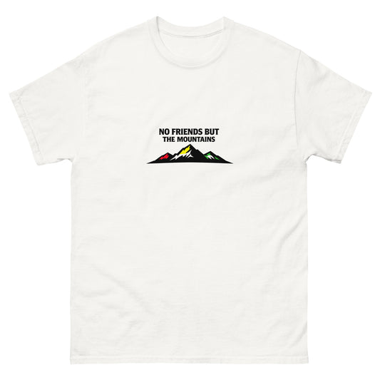 White t-shirt with mountain graphic in Kurdish colors and the text “No friends but the mountains”
