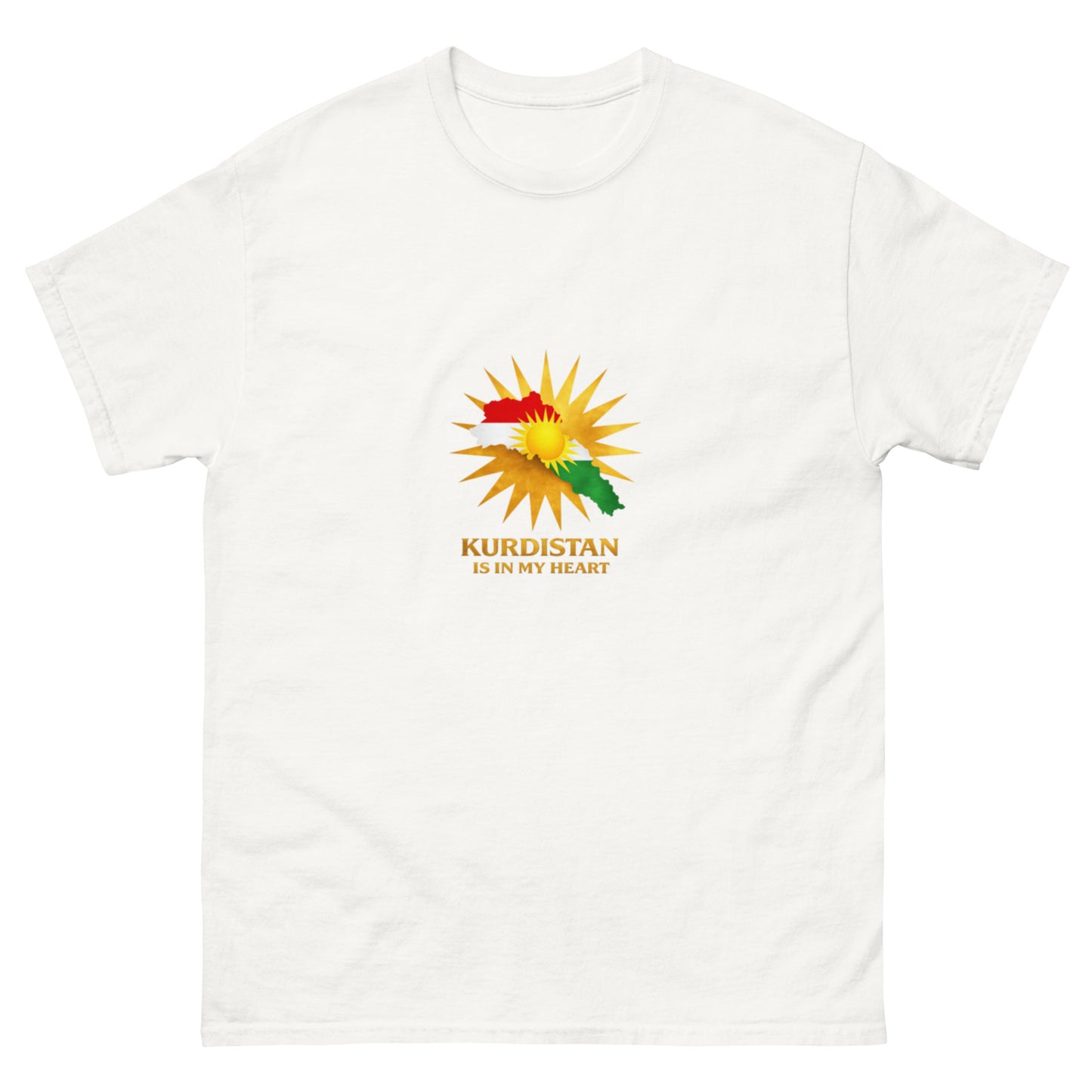 White t-shirt with Kurdistan map and sun symbol featuring the text “Kurdistan Is In My Heart”