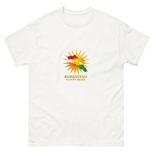 White t-shirt with Kurdistan map and sun symbol featuring the text “Kurdistan Is In My Heart”
