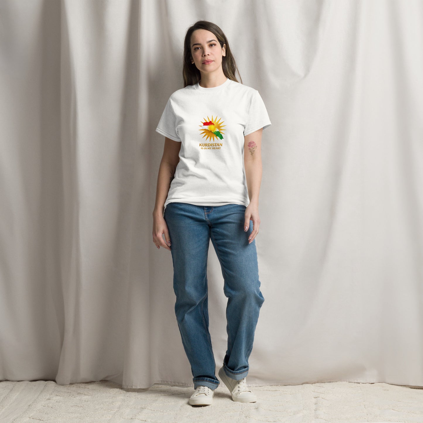 White t-shirt with Kurdistan map and sun symbol featuring the text “Kurdistan Is In My Heart”
