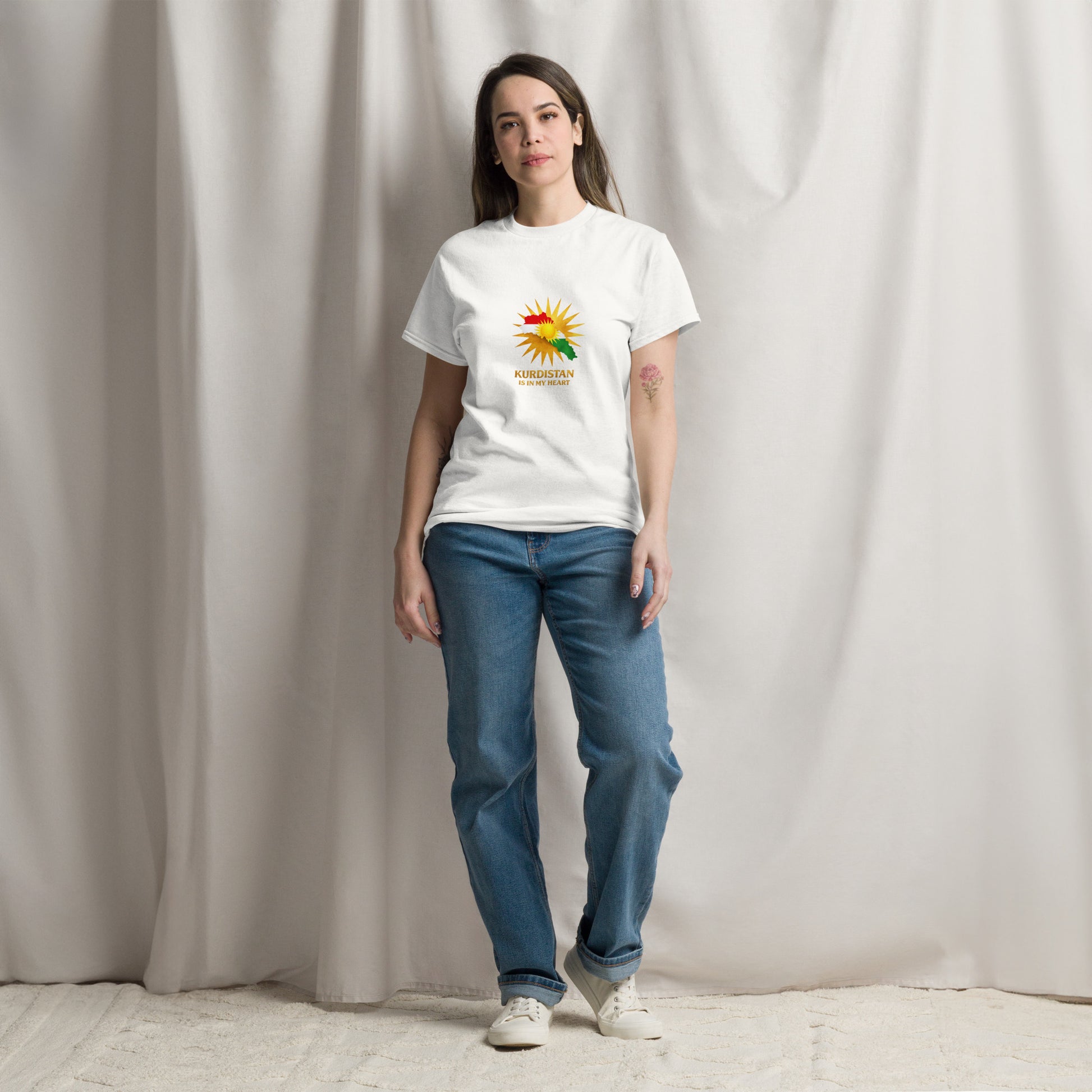 White t-shirt with Kurdistan map and sun symbol featuring the text “Kurdistan Is In My Heart”