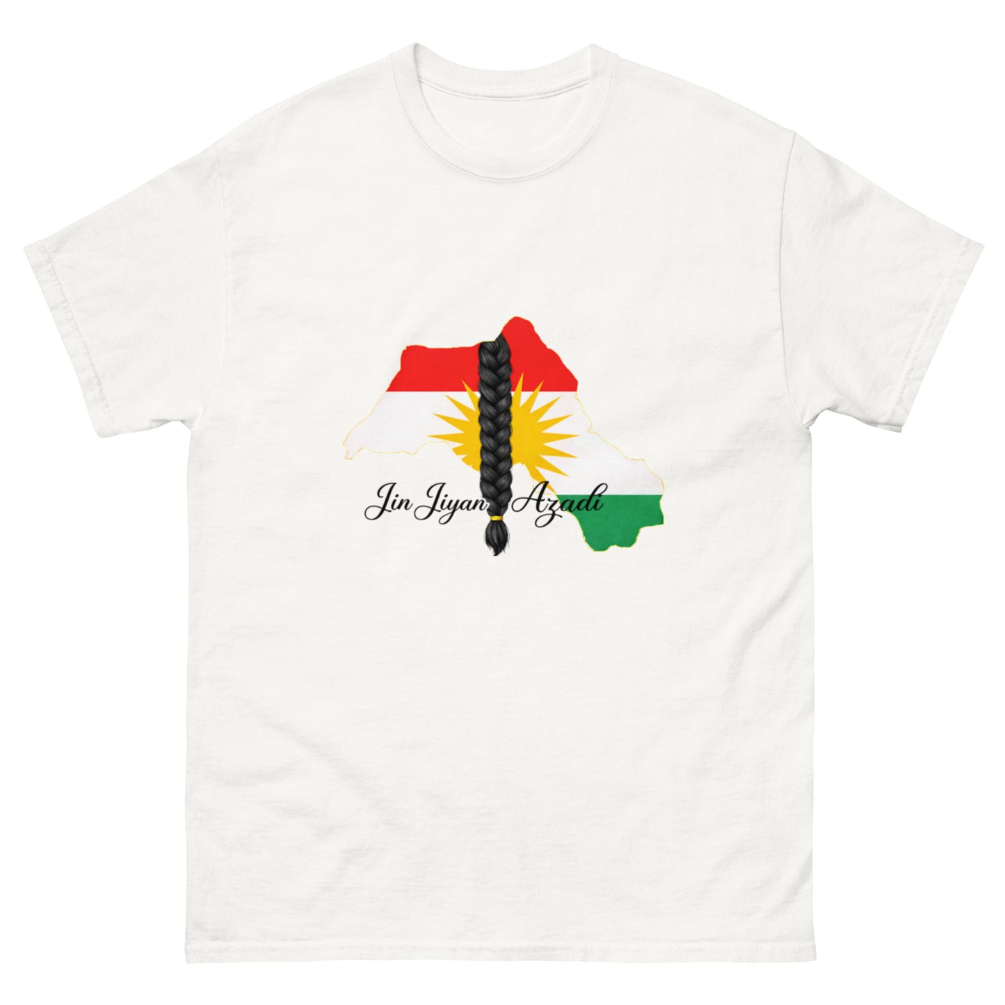 Jin Jiyan Azadi T-shirt design with Kurdish colors, central braid symbol and elegant calligraphy text on white background