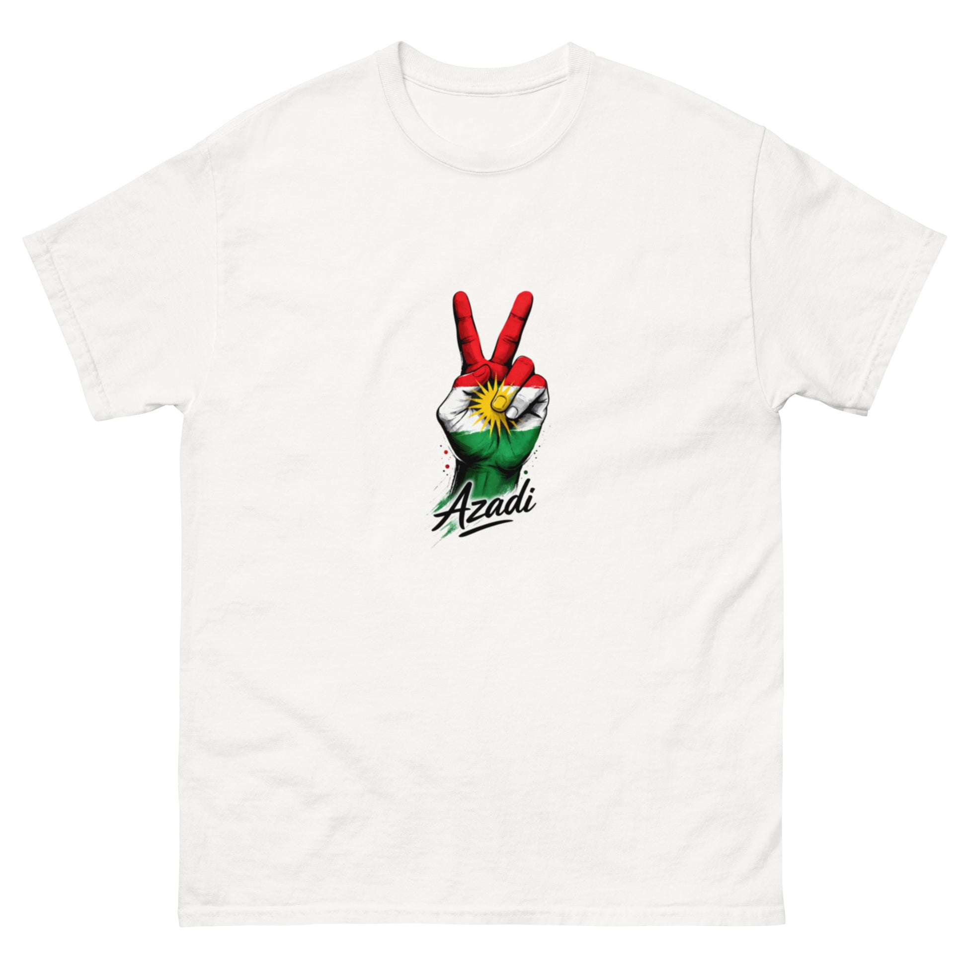 Victory hand symbol in Kurdish flag colors with golden sun and “Azadi” lettering graphic design for T-shirt print.