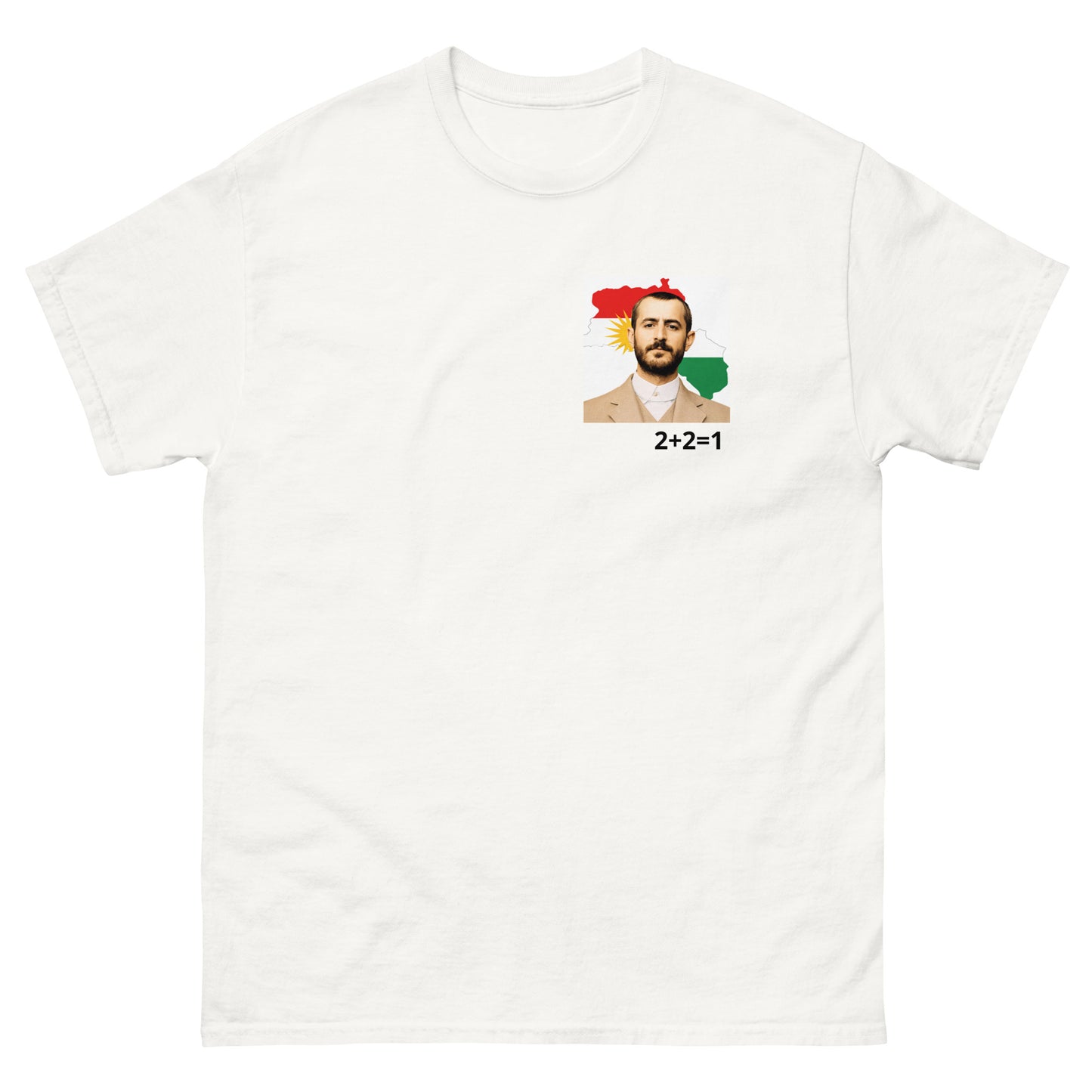 Portrait with Qazi Muhammad Kurdistan map in flag colors and “2+2=1” unity message graphic for Kurdish themed T-shirt design.