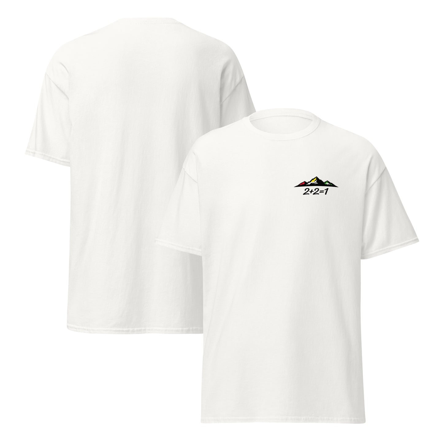 White t-shirt with mountain graphic in Kurdish colors and the text “2+2=1
