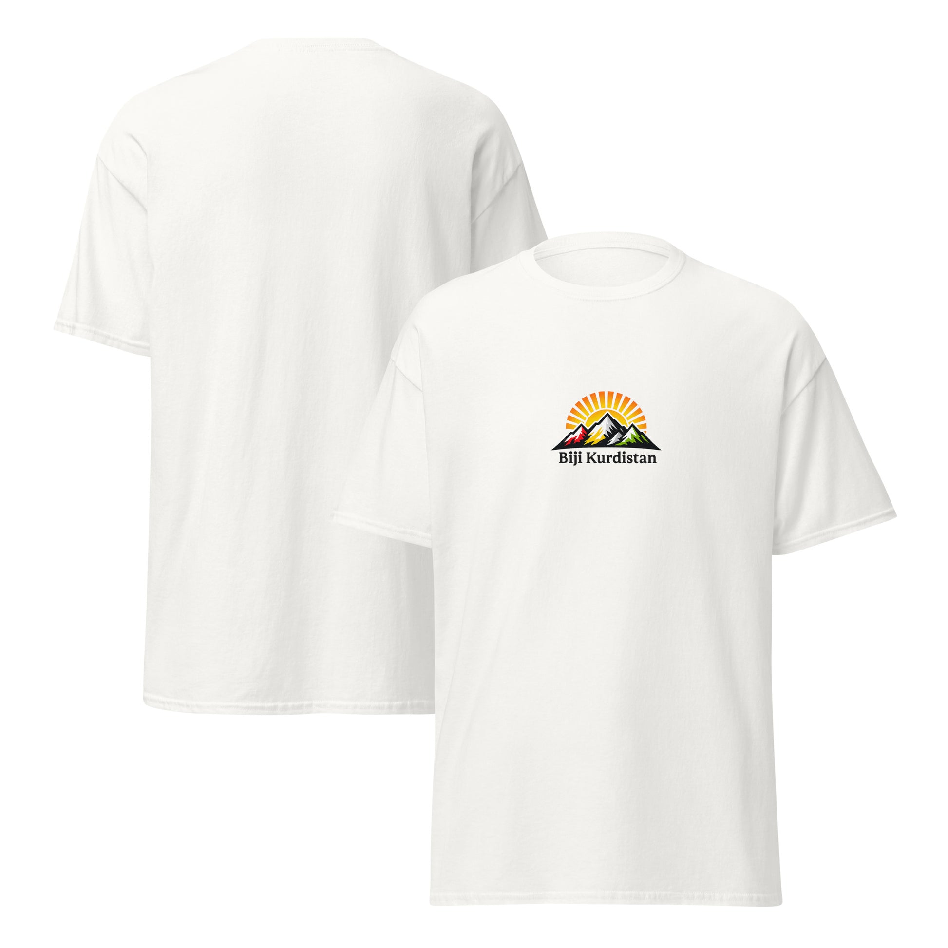White t-shirt with mountains and rising sun graphic featuring the text “Bijî Kurdistan”