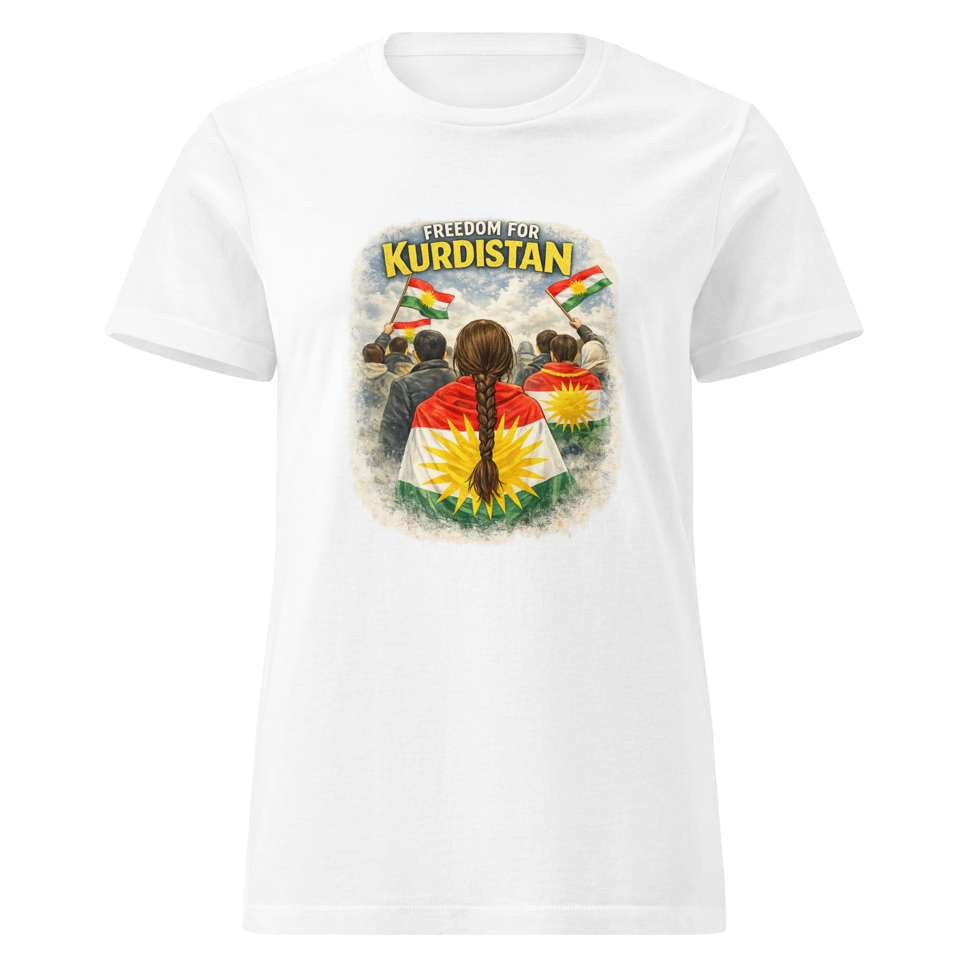 White t-shirt showing people with Kurdish flags and the text “Freedom for Kurdistan”