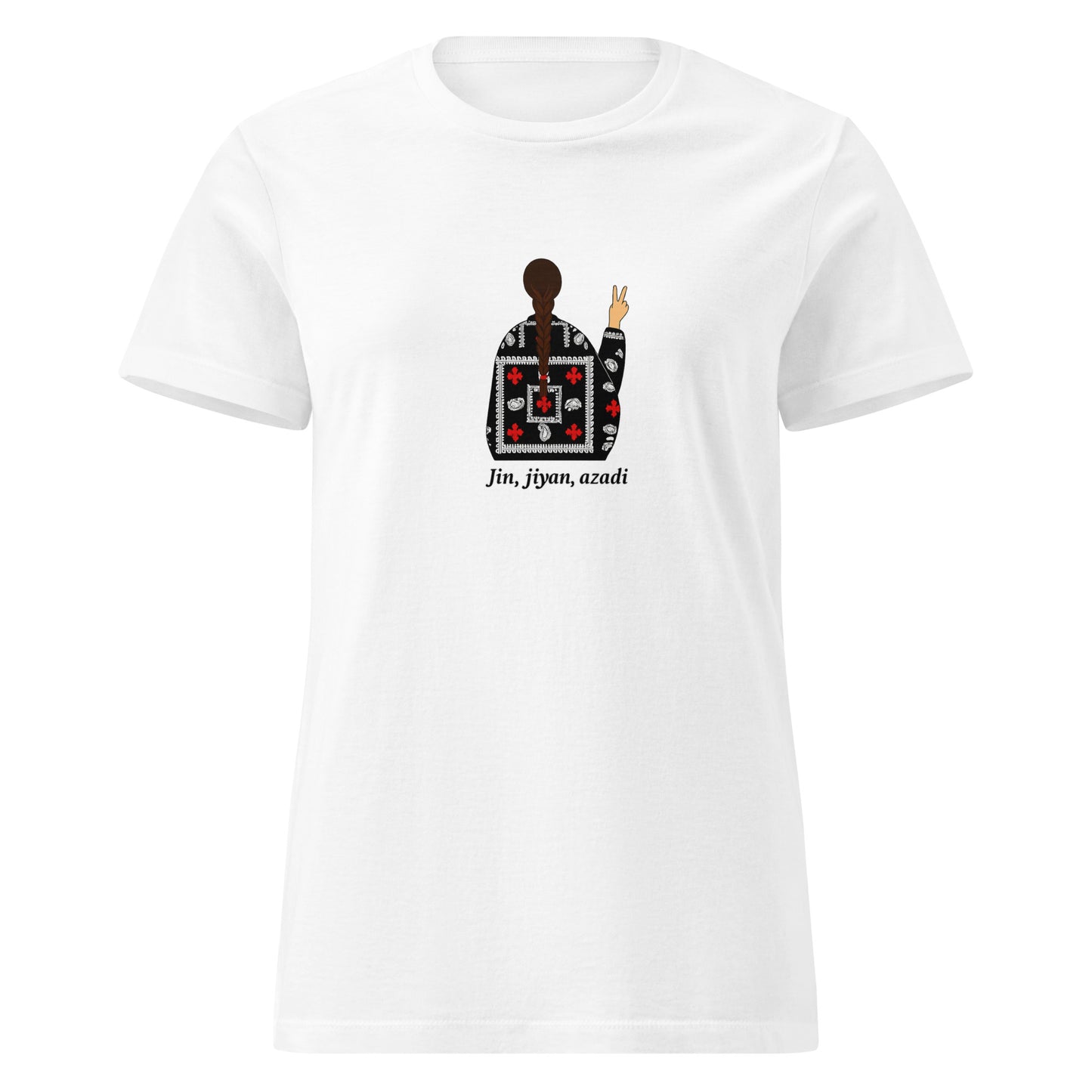 White t-shirt featuring a woman in traditional Kurdish dress making a peace sign with the text “Jin, jiyan, azadî”