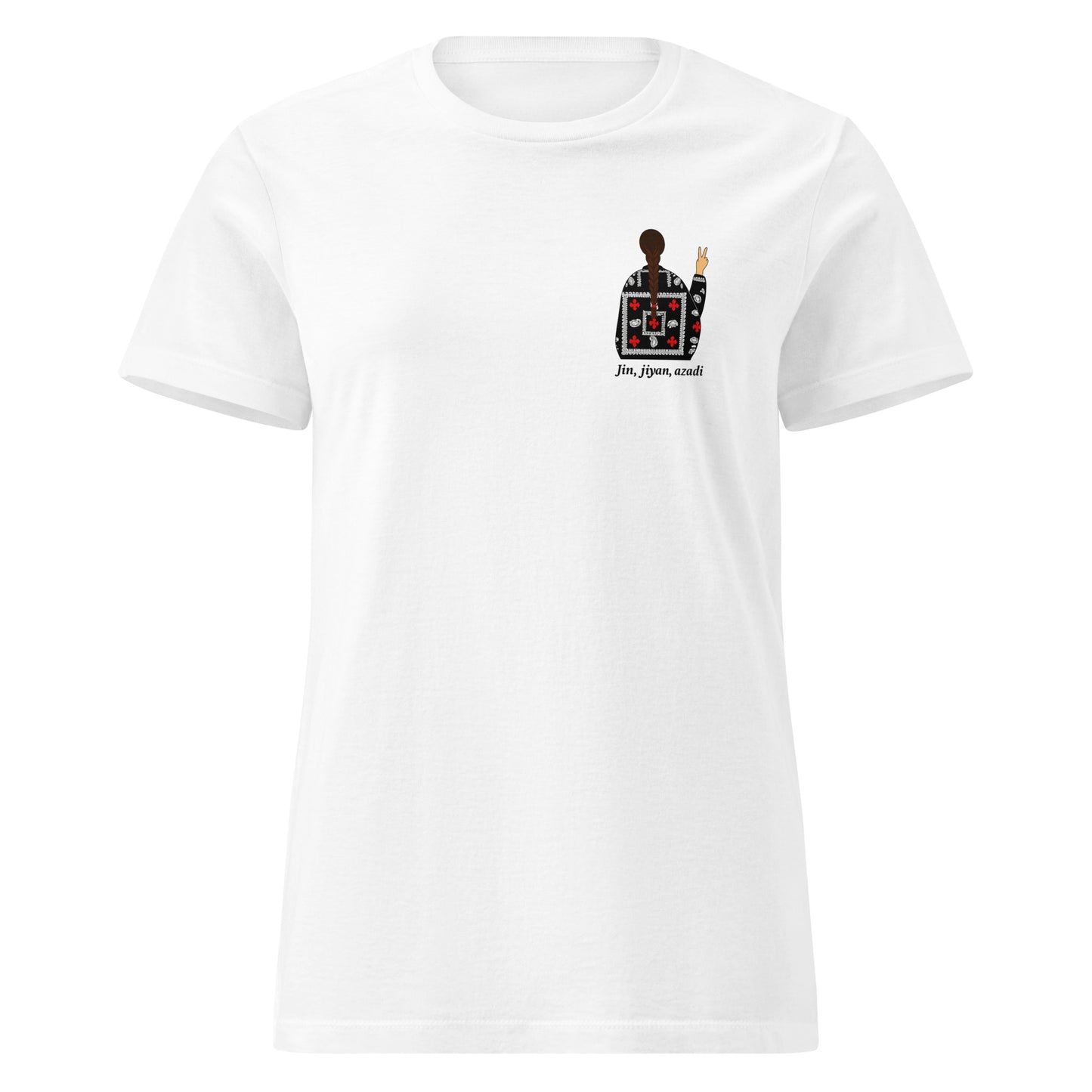 White t-shirt with small chest print of a woman in traditional Kurdish dress making a peace sign and the text “Jin, jiyan, azadî”
