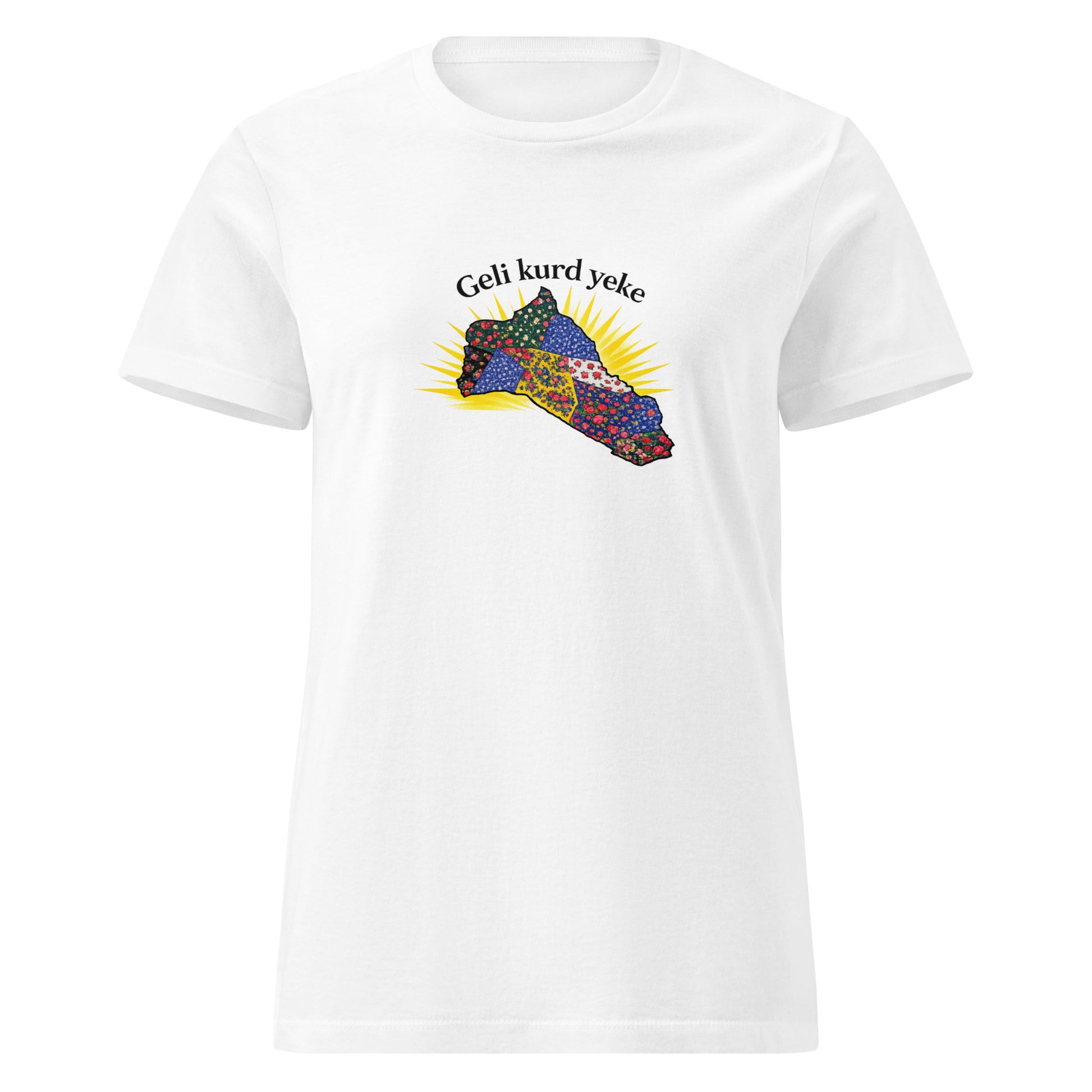 White t-shirt featuring a floral patterned Kurdistan map with sun rays and the text “Geli kurd yeke”