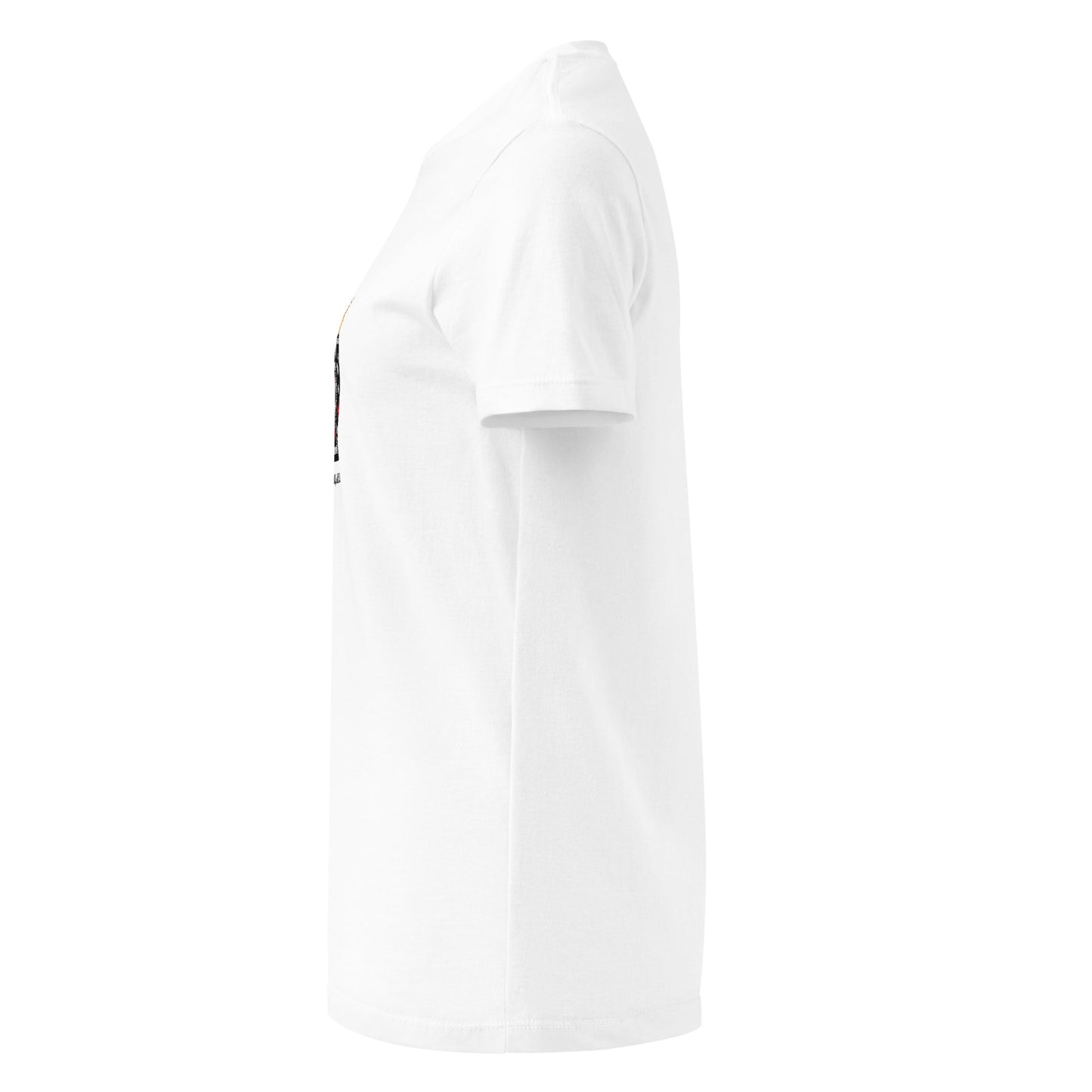 White t-shirt featuring a woman in traditional Kurdish dress making a peace sign with the text “Jin, jiyan, azadî”