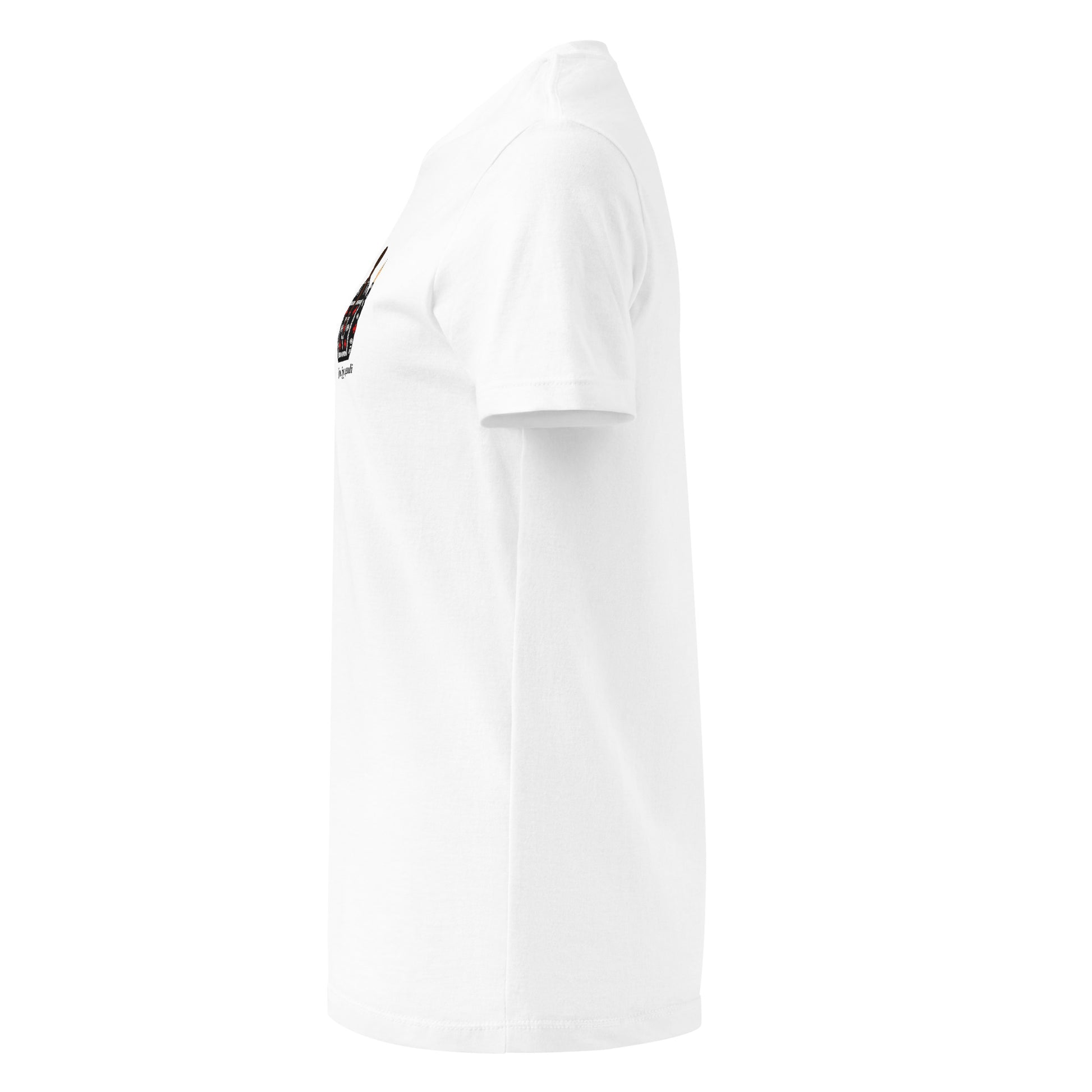 White t-shirt with small chest print of a woman in traditional Kurdish dress making a peace sign and the text “Jin, jiyan, azadî”