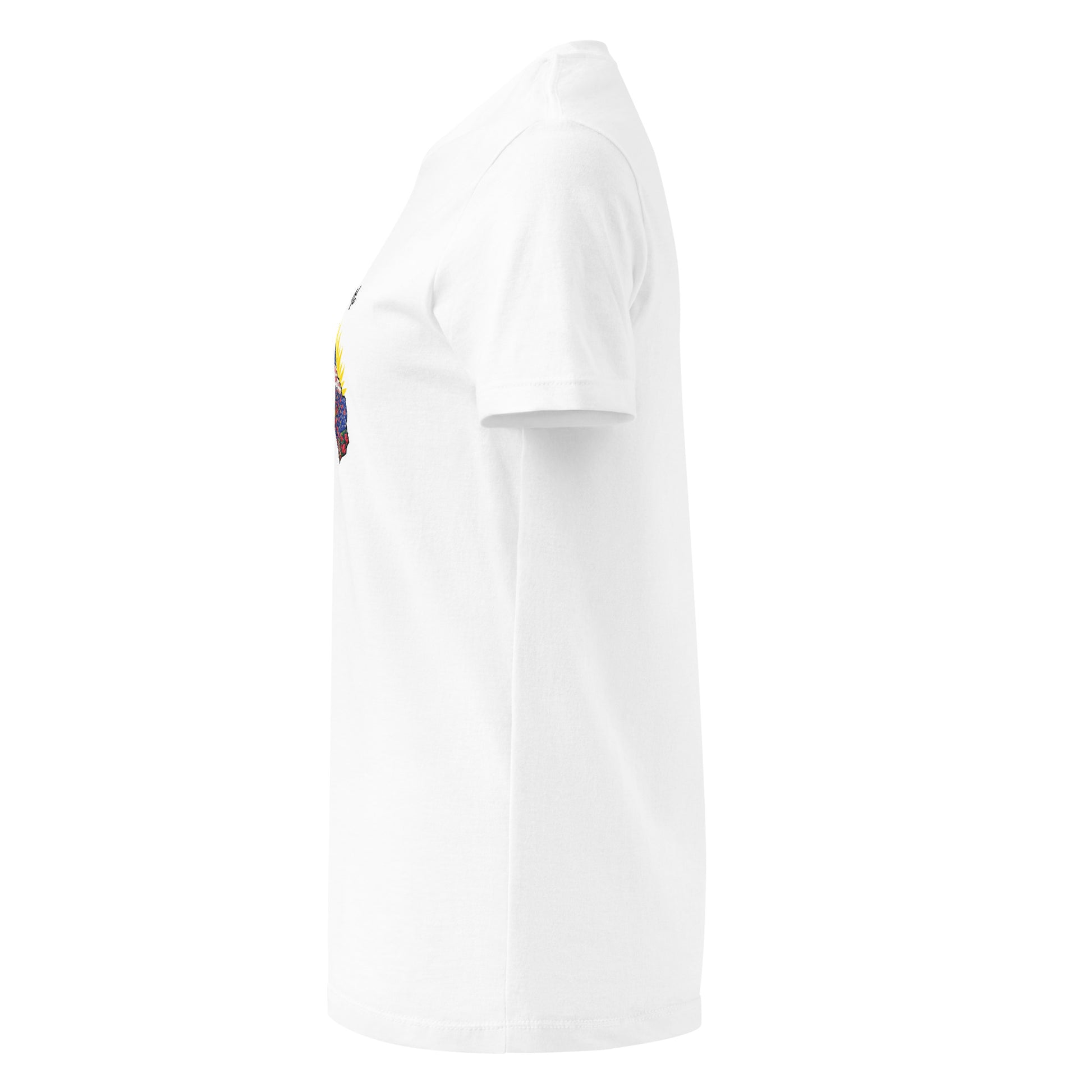 White t-shirt featuring a floral patterned Kurdistan map with sun rays and the text “Geli kurd yeke”