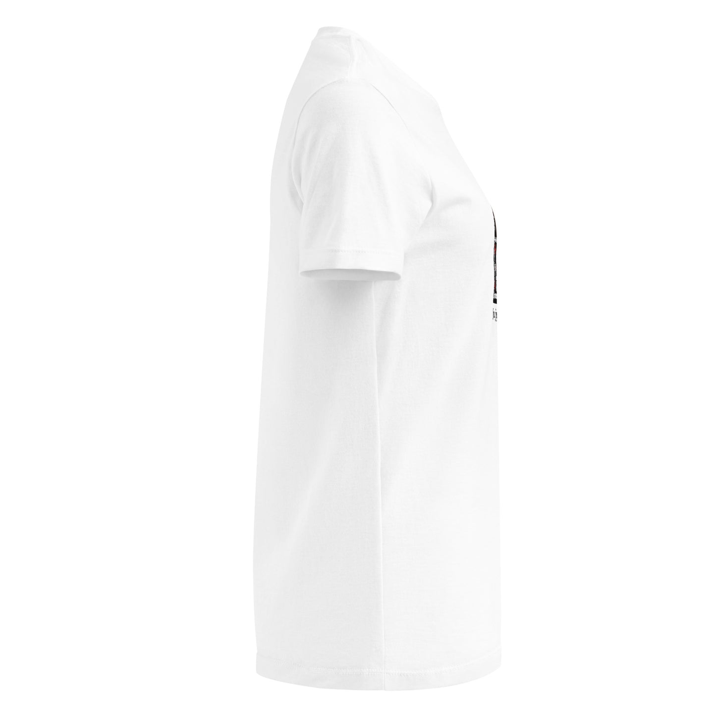 White t-shirt featuring a woman in traditional Kurdish dress making a peace sign with the text “Jin, jiyan, azadî”