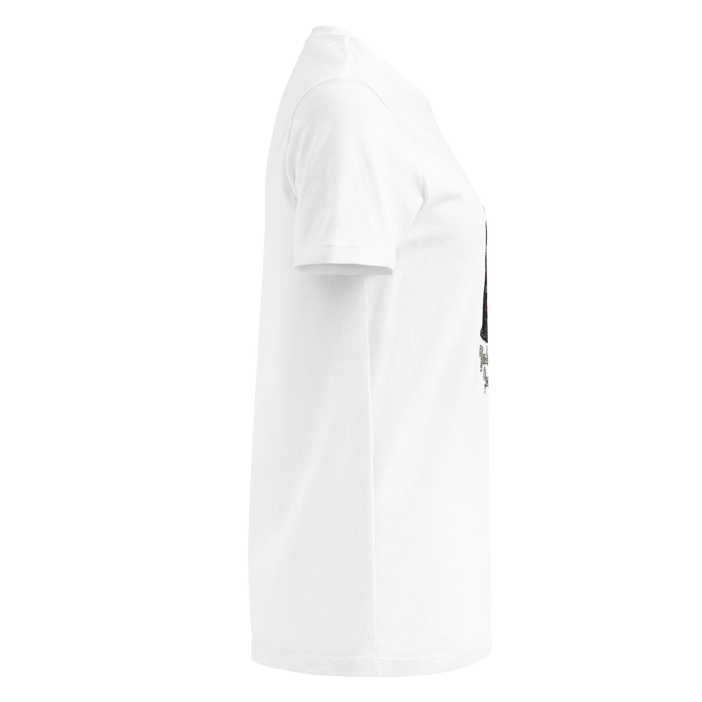 White t-shirt featuring a woman in traditional Kurdish dress with the text “Yan Kurdistan, Yan neman!”